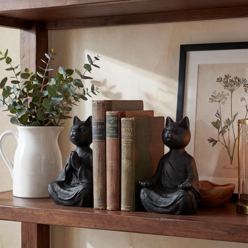 Meditating Cat Bookends, Zen Style Decorative Cat Statue Bookends, Heavy