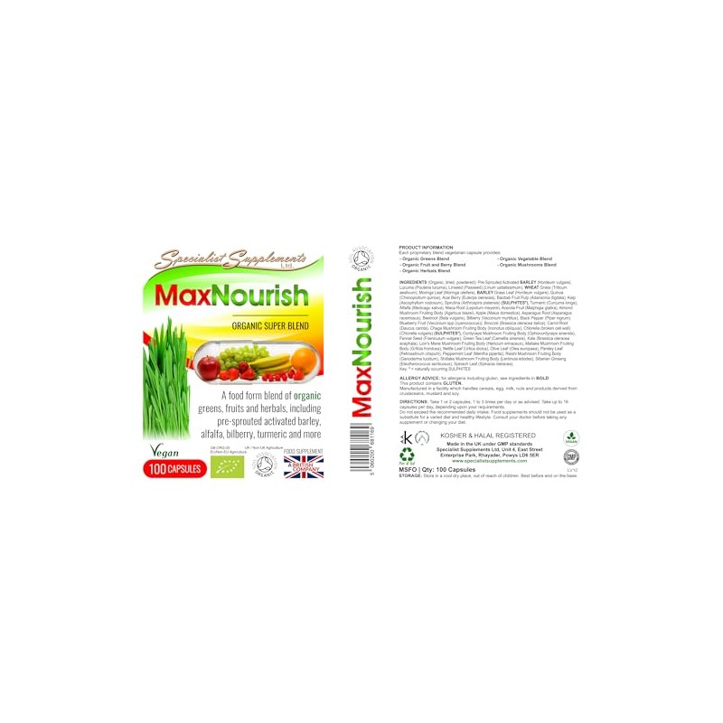 Specialist Supplements MaxNourish Organic 100 Capsules, (Pack of 1)