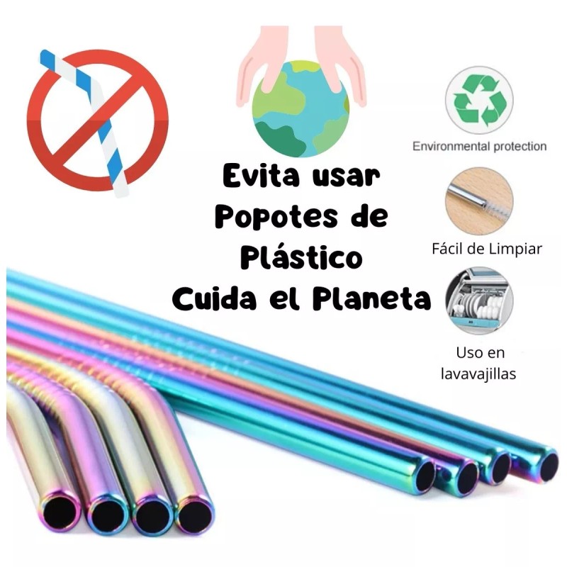 Veraly Set 8 Popotes Acero Inox Ecológicos Lavables Colores 30oz