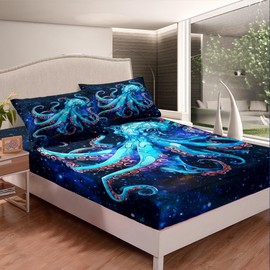 Feelyou Octopus Bed Sheet Set Ocean Kraken Print Fitted Sheet Colorful Galaxy Stars Bedding Set for Kids Adults Octopus Tentacles Sea Marine Themed Bed Cover Ultra Soft Room Decor Queen Size