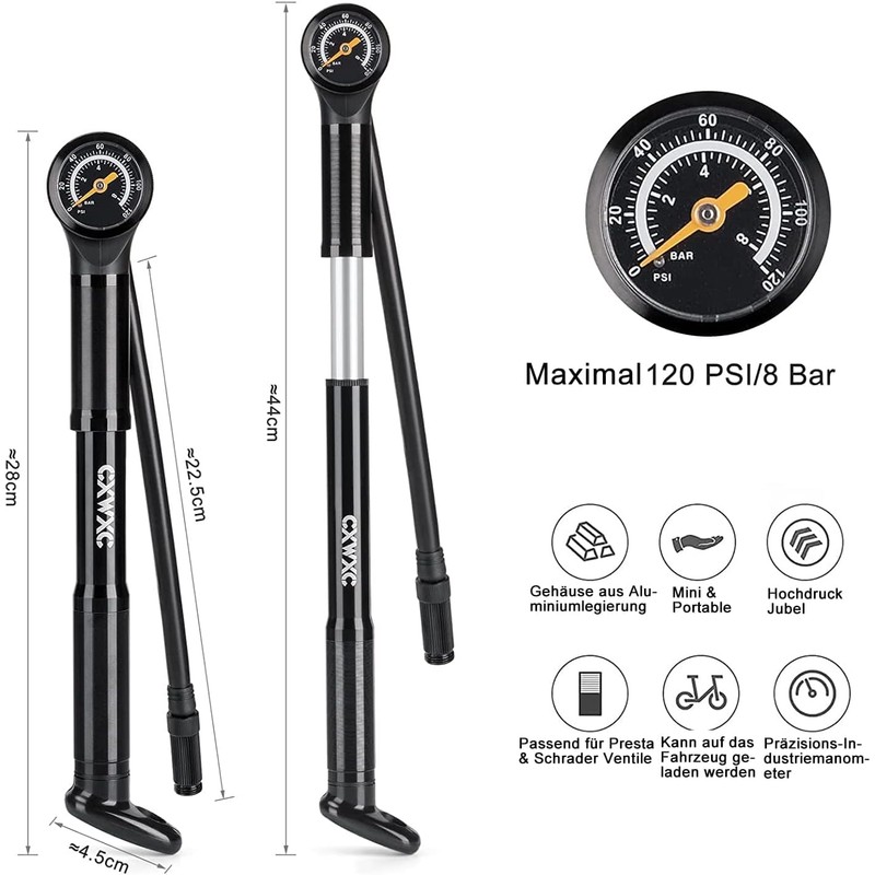 CXWXC Bicycle Pump 120 PSI Mini Bicycle Pump with Pressure