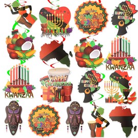 Kwanzaa Decorations,African Heritage Holiday Hanging Decor 48 PCS,Giant Candlestick Drum Fruit Basin African Mask Flag Map Swirl Ceiling Party Decorations for Happy Kwanzaa Party