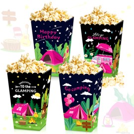 LaVenty 12 PCS Pink Camping Party Supplies Glamping Party Popcorn Boxes Glamping Party Favor Bags Boxes Girl Camping Party Decorations Glamping Party Decorations Supplies