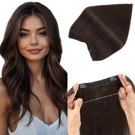 Elailite Invisible Wire Hair Extensions Real Human Hair Brown Clip In One Piece Secret Wire Extension Band Straight Thick Long - #02 Dark Brown - 20 Inch (100 g)