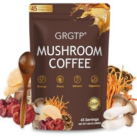 GRGTP Mushroom Coffee - Superfood Blend with 6 Adaptogens (Cordyceps, Lion's Mane, Reishi Other) | Jitter-Free Energy, Enhanced Focus, Digestion & Immunity Support | 45 Servings, Vegan, Gluten Free, Non-GMO | Smooth Flavor