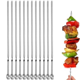 12PCS Kabob Skewers Flat Metal BBQ Barbecue Skewers 16" Long Hook Style Stainless Steel Shish Kebob Sticks Wide Sharp Reusable Grilling Skewers Set for Meat Shrimp Chicken Vegetable, 12 Pack