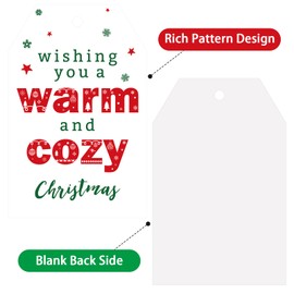 Anwyll Christmas Gift Tags,50Pcs Merry Christmas Gift Wrapping Tags Design with String,Xmas Hanging Paper Gift Tags,Wishing You A Warm and Cozy Christmas Tags for Present Holiday Christmas Party Decor