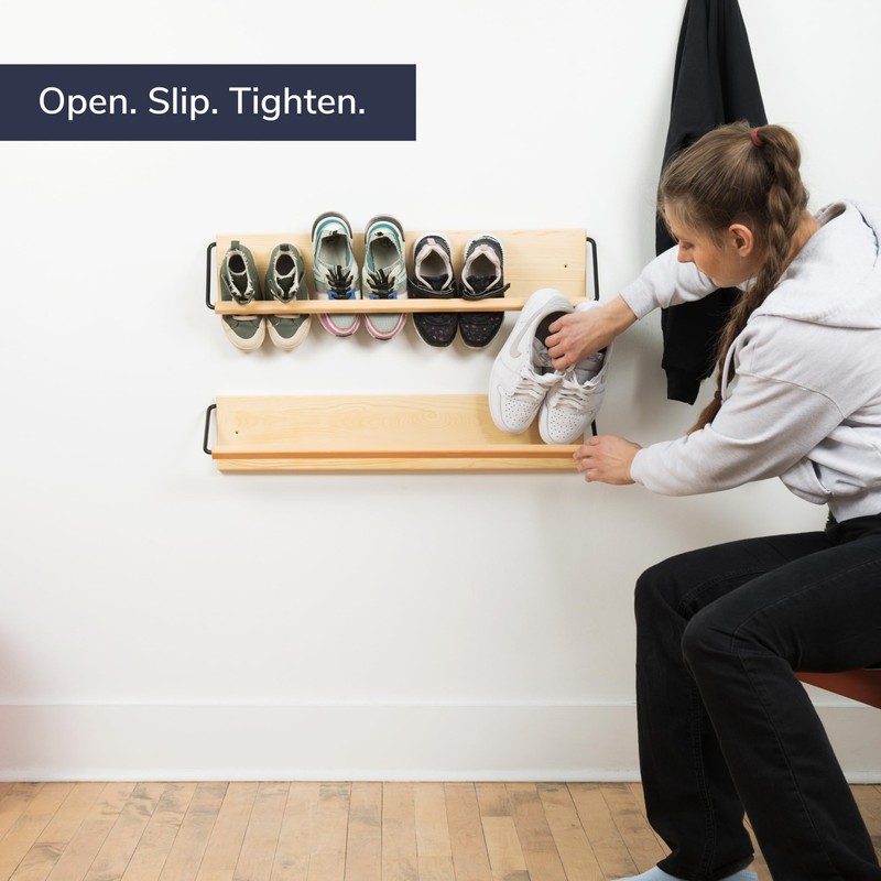 PeachyModern Wall Mounted Shoe Rack - A wooden, modern, slim,