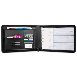 Inkline 7 Ring Check Binder Portfolio -Professional PU Leather Binder with Zippered Closure -500 Check Capacity -9x13 Inch Sheets -Document & Card Organizer - Large Tablet Pocket - Black (80001)