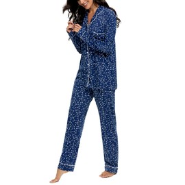 Tugege Pajamas Set Long Sleeve Sleepwear Women Button Down Nightwear Pj Lounge Sets (Deep Blue Constellation, XX-Large)