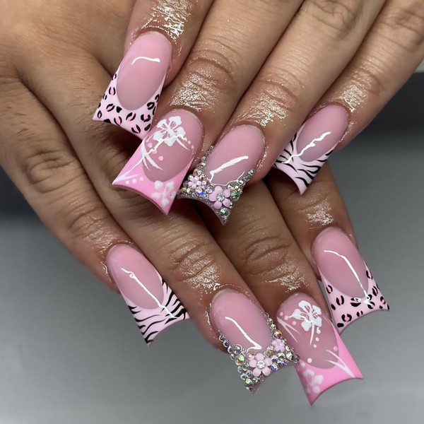 Duck Nails Press on Pink Leopard French Tip Fake Nails