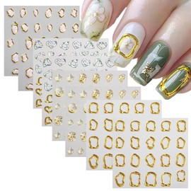8 Sheets Gold Irregular Geometric Nail Stickers 5D Crystal Soft Glue Nail Art Stickers Decals Self Adhesive Stickers for Nails Designs Women Nail Accessories
