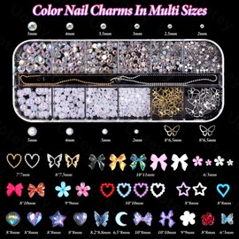 2 Boxes Mixed Nail Charms and Rhinestones, Color Bows Flowers Acrylic Nail Charms Pearl Heart Charms for Nails Art, Alloy Butterfly Nail Charms Flatback Nail Pearls Nail Gems DIY Nail Art Supplies