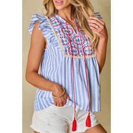 Chvity Women's Embroidered Peplum Tops - Retro Geo Stripe V-Neck Flutter 2025 Blouse Shirts with Ruffle Hem & Tassel Tie