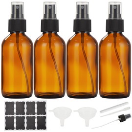 Bastelica 4 Pack 4 oz Amber Glass Spray Bottles with 2 Funnels & 8 Lables & 1 Marker - 120ml Small Empty Fine Mist Spray Bottle