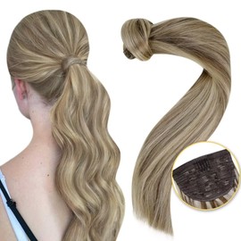 Easyouth Ponytail Extension Real Hair, Colour Ash Brown Mix Platinum Blonde, 12 Inches, 70 g, Wrap Around Ponytail Extension