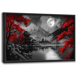 Japanese Wall Art, Black White and Red Pictures Wall Decor, Maple Leaves Canvas Prints Painting, Large moon Framed Artwork for Living Room Bedroom Office Bathroom Corridor Dining Room 36"x 24"