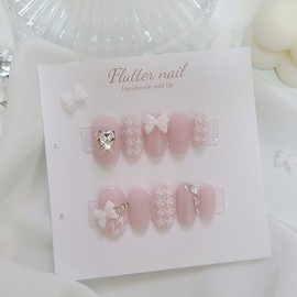 Lovely Hound Check Ribbon Handmade Nail Tips - Mediaval / 러블리 하운드체크 리본 수제네일팁 - 미디오발