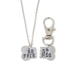 Honbay Silver Dog Bone Shaped Charm Best Friends Necklace and Lobster Clasp Key Chain