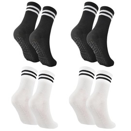SHEKINI 4 Pairs Womens Crew Socks Non Slip Mid Calf Socks Ankle SocksAnti Slip Yoga Socks Moisture Wicking Grip Socks for Pilates Fitness Trampoline Home Exercise Gym, Multicolor