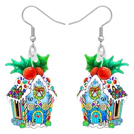 OUSIO Christmas Day Acrylic Cartoon Gingerbread House Earrings Two Side Print Colorful Candy Cottage Dangle Jewellry Charms For Women Holiday Party Gifts (Red)