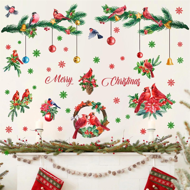 Merry Christmas Wall Decals Cardinal Bird Stickers Hanging Pine Tree