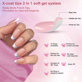 French Gel Nail Tips, 150pcs Medium Coffin Press on Soft Gel Fake Nails, 3 in 1 X-coat Pre-Applied Tip Primer & Base Coat, 15 Sizes for DIY Nail Extension, No Filing Required (HJ-NT087-No.7)
