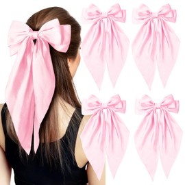 EIOAUY 4PCS Baby Pink Hair Bows for Women Girls Big Silky Satin Bow Hair Clip Hair Ribbons Long Tail Hair Accessories