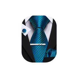 YOHOWA Teal Tie for Men Plaid Silk Necktie Handkerchief Cufflink Set Formal Business Wedding Party