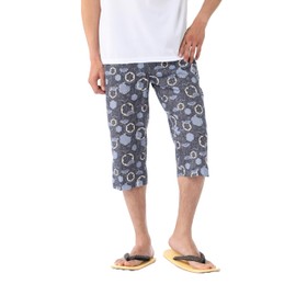 Little Island Men's Suteteko Takashima Chijimi, Made in Japan, Open Front, Full Elastic Waist, Half Pants, Japanese pattern indigo, M