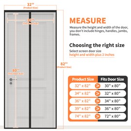 Magnetic Screen Door 32"W x 82"H, Fits Door Size to 30"W x 80"H, Heavy Duty Fiberglass Moustiquaire Magnétique, Screen Mesh with Automatic Block Closure, Walk Through Easily for Kids Pets
