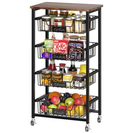 XYZLVSI Kitchen Storage Cart with Wheels, 5-Tier Metal Utility Rolling Cart Fruit Vegetable Storage Basket Pantry Rack with Wood Top & Pull Out Baskets for Kitchen, Livingroom, Diningroom, Office