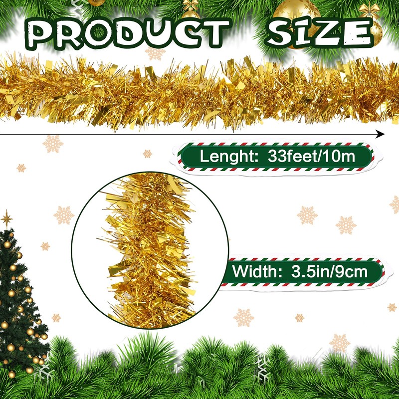 KIMOBER 33 Ft Christmas Tinsel Garland, Golden Metallic Garland for