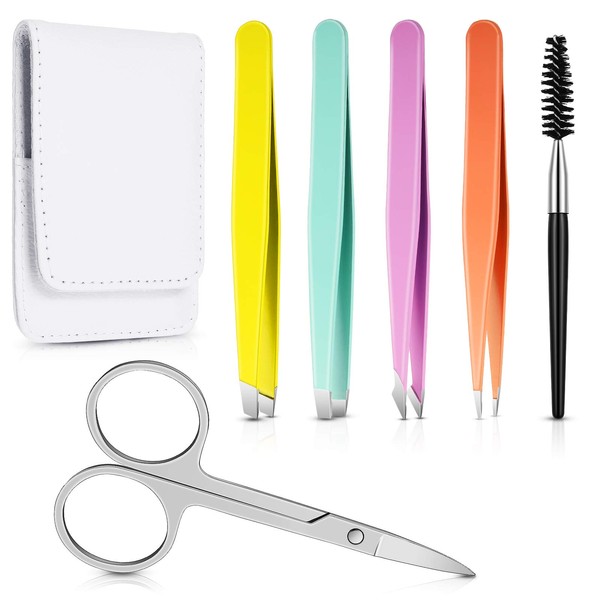 6 Pieces Eyebrow Tweezers Set for women with Curved Scissors Eyelash Brush Stainless Steel Brow Remover Tools Girls Facial Hair Plucking Daily Beauty Tool with Leather Storage Case (Various Color)