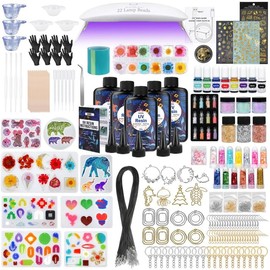 KISREL Kit de fabricación de joyas de resina UV, 500 g, resina UV transparente, luz grande con 22 abalorio y moldes de joyería, curado rápido para llaveros, fabricación de aretes, decoración de