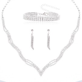 Jmkcoz Women Jewelry Set Silver Necklace Earrings Bracelet Rhinestone Crystal Bridal Wedding Jewelry Sets for Brides Bridesmaid Wedding Party (Style 7)