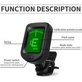 Jognee Guitar Tuner/Tuner, Clip-on Tuner for Guitar, Bass, Violin, C-Ukulele, D-Ukulele, Clear LCD Display, Calibrated Pitch