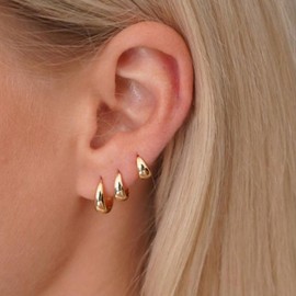 Inerney Gold Hoop Earrings Set for Women, Dainty 14K Small Chunky Huggie Earrings for Multiple Piercing Lightweight Hypoallergenic Jewelry, Trendy Thick Cartilage Earrings for Women's Gifts 3 Pairs