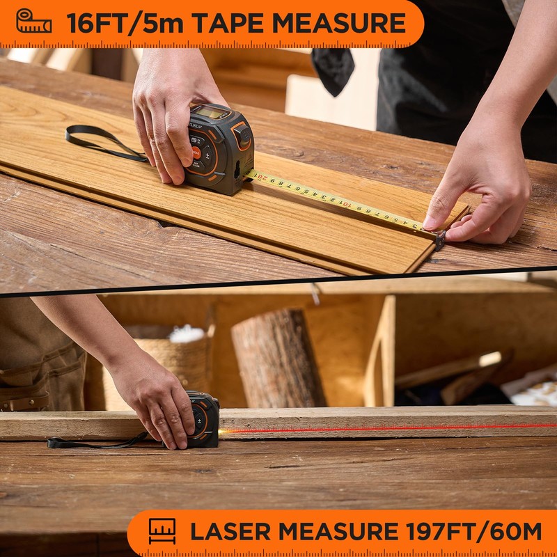 Laser Tape Measure 2-in-1, 197Ft Laser Distance Meter & 16Ft