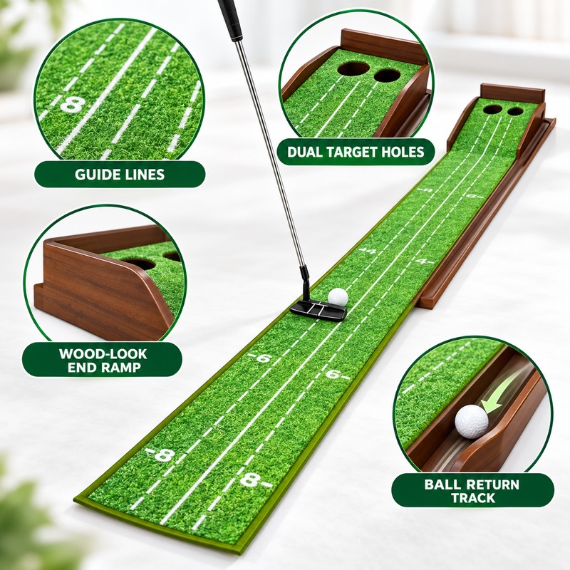 Golf Putting Mat with Wooden Automatic Ball Return, 2-Hole Indoor