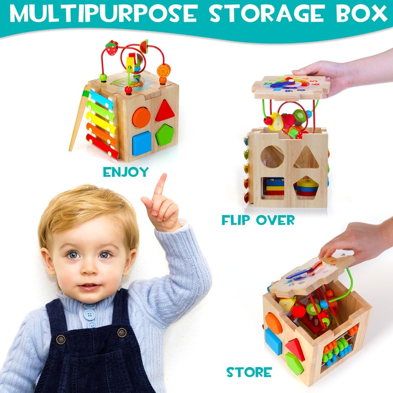 HELLOWOOD 8-in-1 Wooden Activity Cube for Kids, Sorting & Stacking