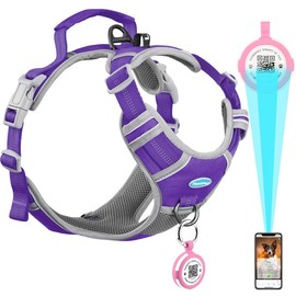 ThinkPet No Pull Harness for Small, Medium, Large Dogs with Airtags Holder Reflective Dog Harnesses with Dog QR Code Smart ID Tag Airtags Holder Harness Back/Front Clip for Easy Control Purple M