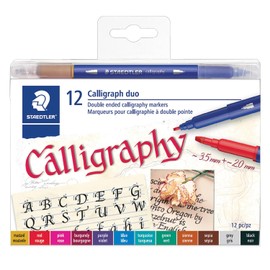 STAEDTLER 3002TB12LU marcadores de caligrafía de doble extremo, caligrafía duo, para diseños de letras estrechas y anchas, tinta pigmentada, 12 colores surtidos