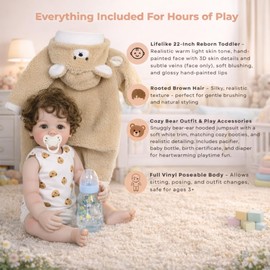 WAWA-HAOKEAI Baby Bear Oliver – 22-Inch Lifelike Newborn Baby Doll with Soft Full Vinyl Body, Rooted Brown Hair & Brown Eyes – Cozy Bear Outfit, Realistic Cuddly Doll for Kids Ages 3+