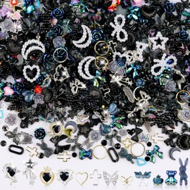 Sinyanail 3D Flower Nail Charms Set,150pcs Mixed Size Camellia Rose Resin Charms,150pcs Mixed Size and Color Leaves,100pcs Round White Pearl Beads for Nail Accessories Nail Art (23-Metal-Black)