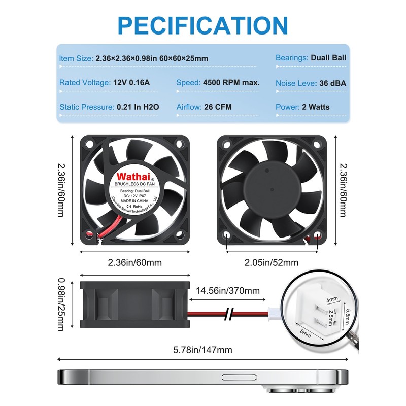 Wathai IP67 60mm x 25mm DC 12V Waterproof Small Fan