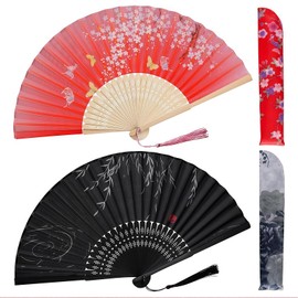 AstraGlam 2PCS Bamboo Folding Hand Fans in Red and Black with Tassels and Fabric Sleeves, Chinese Japanese Style Handheld Fans for Women for Summer Weddings and Parties