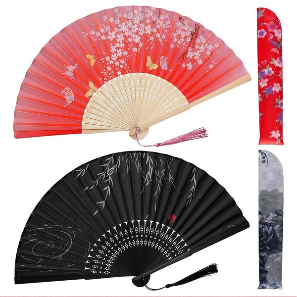 AstraGlam 2PCS Bamboo Folding Hand Fans in Red and Black