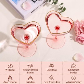 TrophyToast Pink Coupe Glasses Set of 4, Heart-Shaped Martini Glasses with Golden Rim, Fancy Manhattan, Cosmopolitan, Sidecar Cocktail Glassware for Christmas, Wedding, Birthdays - 8oz