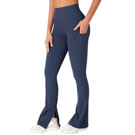 YEOREO Women Mini Flare Split Hem Leggings with Pockets Tummy Control Workout Leggings Anilnia Hidden Scrunch Gym Yoga Pants Dark Blue